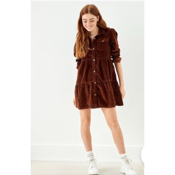 AMERICAN EAGLE WOMEN BROWN CORDUROY BUTTON-UP BABYDOLL SHIRT DRESS Large - Picture 1 of 8
